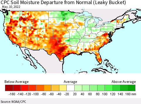 United States CPC Calculated Soil Moisture Anomaly (Leaky Bucket) Thematic Map For 5/6/2022 - 5/10/2022