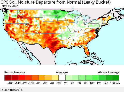 United States CPC Calculated Soil Moisture Anomaly (Leaky Bucket) Thematic Map For 5/11/2022 - 5/15/2022