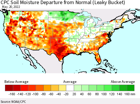 United States CPC Calculated Soil Moisture Anomaly (Leaky Bucket) Thematic Map For 5/16/2022 - 5/20/2022