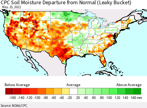 United States CPC Calculated Soil Moisture Anomaly (Leaky Bucket) Thematic Map For 5/21/2022 - 5/25/2022