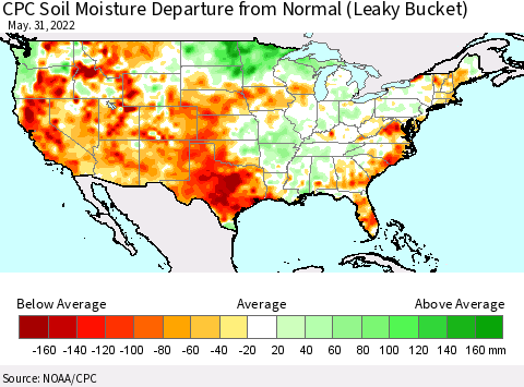 United States CPC Soil Moisture Departure from Normal (Leaky Bucket) Thematic Map For 5/26/2022 - 5/31/2022
