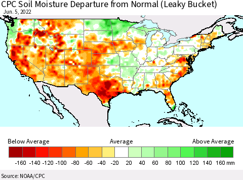 United States CPC Calculated Soil Moisture Anomaly (Leaky Bucket) Thematic Map For 6/1/2022 - 6/5/2022