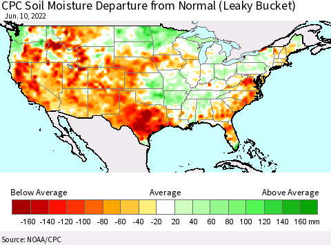 United States CPC Calculated Soil Moisture Anomaly (Leaky Bucket) Thematic Map For 6/6/2022 - 6/10/2022