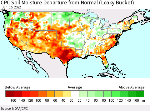 United States CPC Calculated Soil Moisture Anomaly (Leaky Bucket) Thematic Map For 6/11/2022 - 6/15/2022