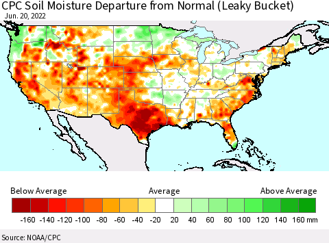 United States CPC Calculated Soil Moisture Anomaly (Leaky Bucket) Thematic Map For 6/16/2022 - 6/20/2022