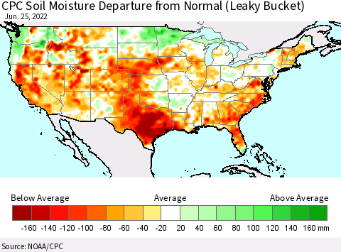 United States CPC Calculated Soil Moisture Anomaly (Leaky Bucket) Thematic Map For 6/21/2022 - 6/25/2022