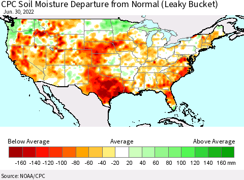 United States CPC Calculated Soil Moisture Anomaly (Leaky Bucket) Thematic Map For 6/26/2022 - 6/30/2022