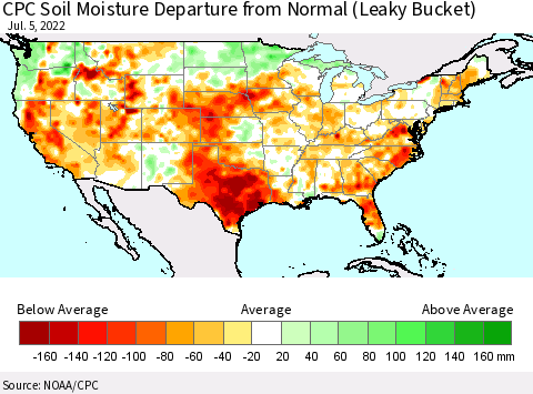 United States CPC Calculated Soil Moisture Anomaly (Leaky Bucket) Thematic Map For 7/1/2022 - 7/5/2022