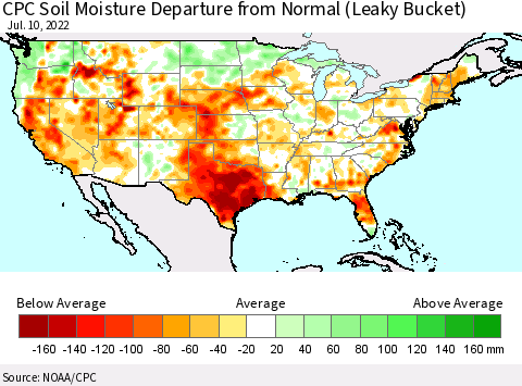 United States CPC Soil Moisture Departure from Normal (Leaky Bucket) Thematic Map For 7/6/2022 - 7/10/2022