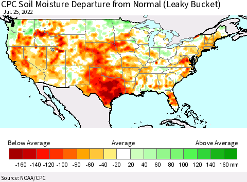 United States CPC Calculated Soil Moisture Anomaly (Leaky Bucket) Thematic Map For 7/21/2022 - 7/25/2022