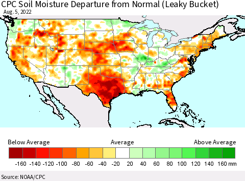 United States CPC Calculated Soil Moisture Anomaly (Leaky Bucket) Thematic Map For 8/1/2022 - 8/5/2022