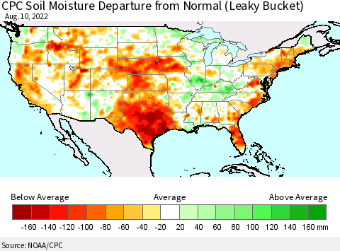 United States CPC Calculated Soil Moisture Anomaly (Leaky Bucket) Thematic Map For 8/6/2022 - 8/10/2022