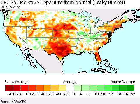 United States CPC Calculated Soil Moisture Anomaly (Leaky Bucket) Thematic Map For 8/11/2022 - 8/15/2022