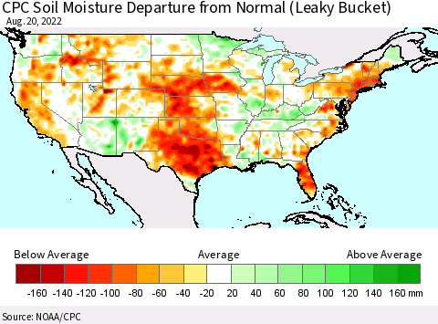 United States CPC Calculated Soil Moisture Anomaly (Leaky Bucket) Thematic Map For 8/16/2022 - 8/20/2022
