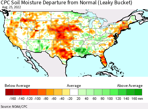 United States CPC Calculated Soil Moisture Anomaly (Leaky Bucket) Thematic Map For 8/21/2022 - 8/25/2022