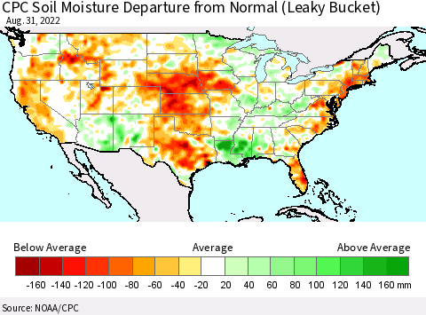 United States CPC Calculated Soil Moisture Anomaly (Leaky Bucket) Thematic Map For 8/26/2022 - 8/31/2022