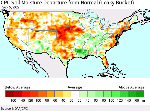 United States CPC Calculated Soil Moisture Anomaly (Leaky Bucket) Thematic Map For 9/1/2022 - 9/5/2022