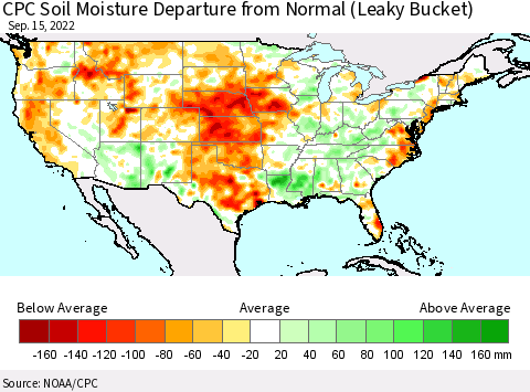 United States CPC Calculated Soil Moisture Anomaly (Leaky Bucket) Thematic Map For 9/11/2022 - 9/15/2022