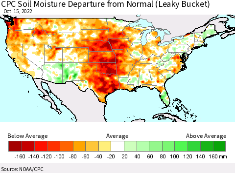 United States CPC Calculated Soil Moisture Anomaly (Leaky Bucket) Thematic Map For 10/11/2022 - 10/15/2022