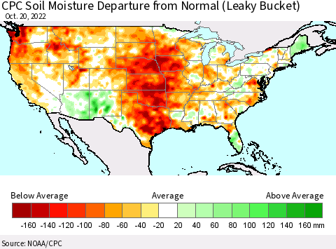 United States CPC Soil Moisture Departure from Normal (Leaky Bucket) Thematic Map For 10/16/2022 - 10/20/2022