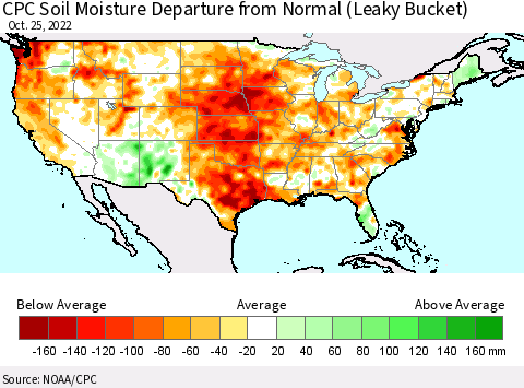 United States CPC Calculated Soil Moisture Anomaly (Leaky Bucket) Thematic Map For 10/21/2022 - 10/25/2022