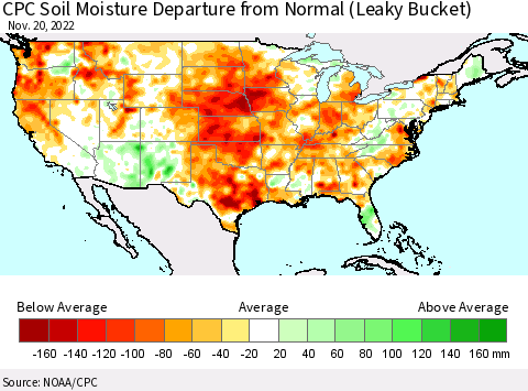 United States CPC Soil Moisture Departure from Normal (Leaky Bucket) Thematic Map For 11/16/2022 - 11/20/2022