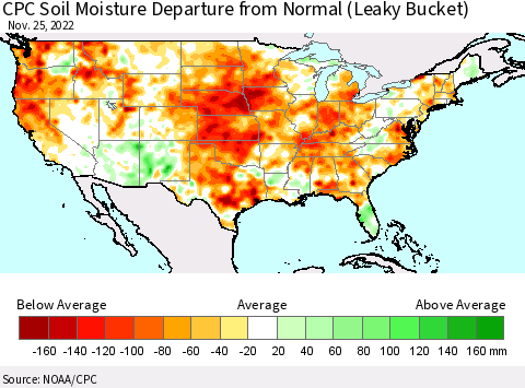 United States CPC Calculated Soil Moisture Anomaly (Leaky Bucket) Thematic Map For 11/21/2022 - 11/25/2022