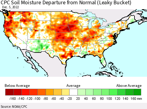 United States CPC Calculated Soil Moisture Anomaly (Leaky Bucket) Thematic Map For 12/1/2022 - 12/5/2022
