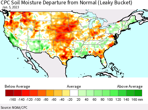 United States CPC Soil Moisture Anomaly (Leaky Bucket) Thematic Map For 1/1/2023 - 1/5/2023