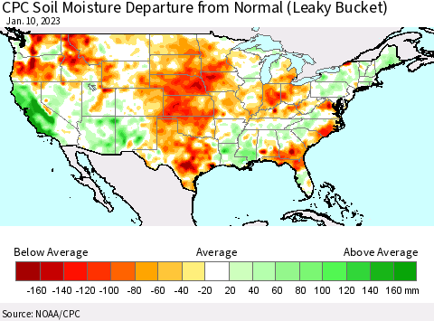 United States CPC Calculated Soil Moisture Anomaly (Leaky Bucket) Thematic Map For 1/6/2023 - 1/10/2023