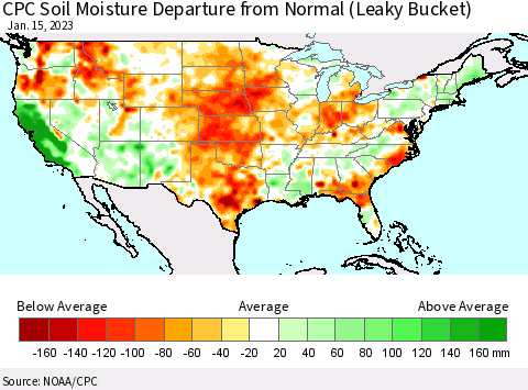United States CPC Calculated Soil Moisture Anomaly (Leaky Bucket) Thematic Map For 1/11/2023 - 1/15/2023