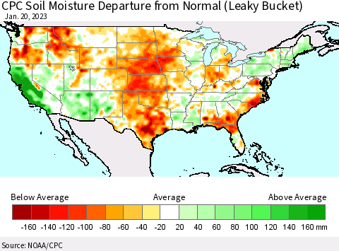 United States CPC Calculated Soil Moisture Anomaly (Leaky Bucket) Thematic Map For 1/16/2023 - 1/20/2023