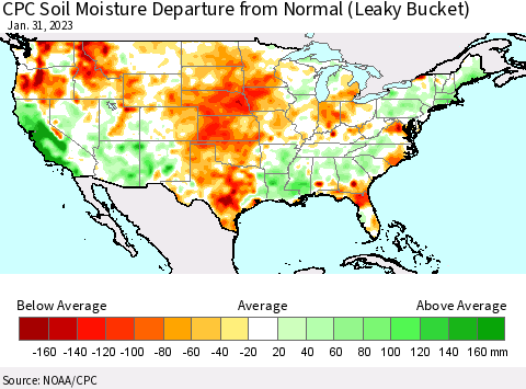 United States CPC Soil Moisture Anomaly (Leaky Bucket) Thematic Map For 1/26/2023 - 1/31/2023