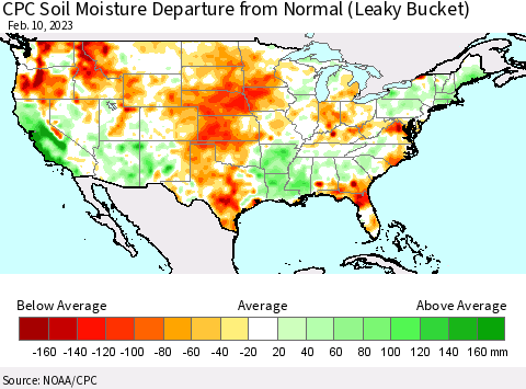 United States CPC Calculated Soil Moisture Anomaly (Leaky Bucket) Thematic Map For 2/6/2023 - 2/10/2023