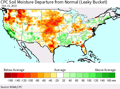 United States CPC Calculated Soil Moisture Anomaly (Leaky Bucket) Thematic Map For 2/11/2023 - 2/15/2023