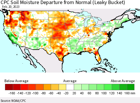 United States CPC Calculated Soil Moisture Anomaly (Leaky Bucket) Thematic Map For 2/16/2023 - 2/20/2023