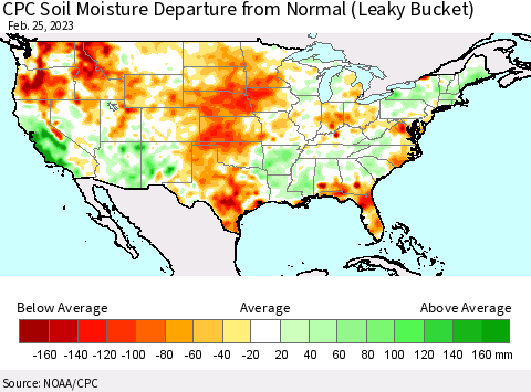 United States CPC Soil Moisture Anomaly (Leaky Bucket) Thematic Map For 2/21/2023 - 2/25/2023