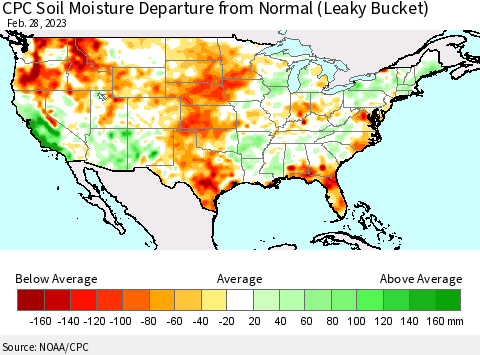 United States CPC Calculated Soil Moisture Anomaly (Leaky Bucket) Thematic Map For 2/26/2023 - 2/28/2023
