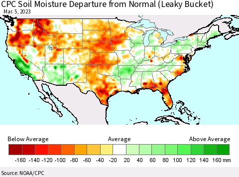 United States CPC Soil Moisture Anomaly (Leaky Bucket) Thematic Map For 3/1/2023 - 3/5/2023