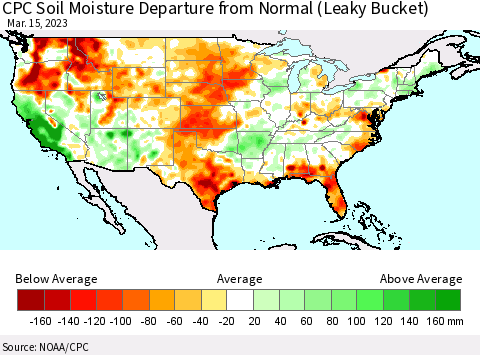 United States CPC Soil Moisture Departure from Normal (Leaky Bucket) Thematic Map For 3/11/2023 - 3/15/2023