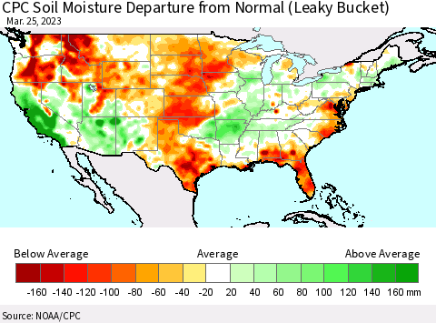 United States CPC Calculated Soil Moisture Anomaly (Leaky Bucket) Thematic Map For 3/21/2023 - 3/25/2023
