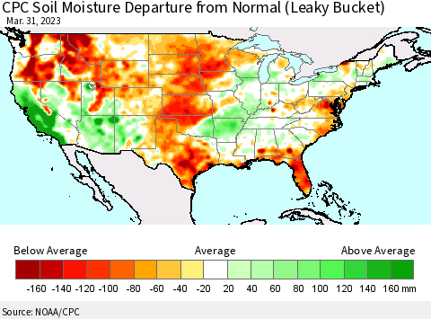 United States CPC Calculated Soil Moisture Anomaly (Leaky Bucket) Thematic Map For 3/26/2023 - 3/31/2023