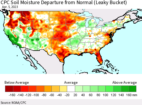 United States CPC Calculated Soil Moisture Anomaly (Leaky Bucket) Thematic Map For 4/1/2023 - 4/5/2023