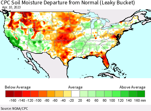 United States CPC Calculated Soil Moisture Anomaly (Leaky Bucket) Thematic Map For 4/6/2023 - 4/10/2023