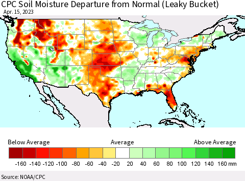 United States CPC Calculated Soil Moisture Anomaly (Leaky Bucket) Thematic Map For 4/11/2023 - 4/15/2023