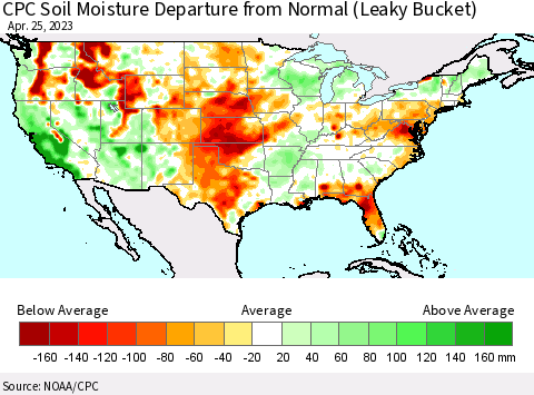 United States CPC Soil Moisture Anomaly (Leaky Bucket) Thematic Map For 4/21/2023 - 4/25/2023
