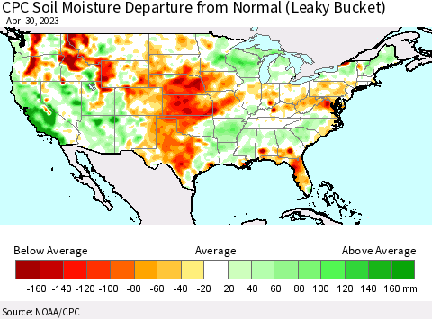 United States CPC Soil Moisture Departure from Normal (Leaky Bucket) Thematic Map For 4/26/2023 - 4/30/2023