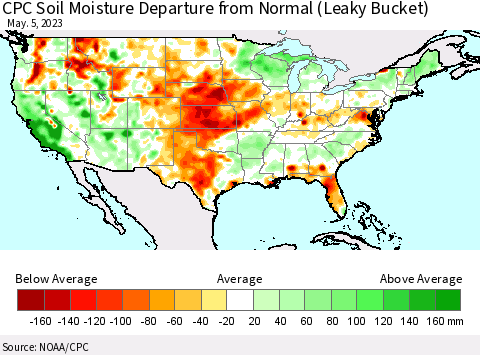United States CPC Calculated Soil Moisture Anomaly (Leaky Bucket) Thematic Map For 5/1/2023 - 5/5/2023