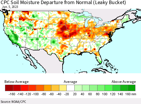 United States CPC Soil Moisture Departure from Normal (Leaky Bucket) Thematic Map For 6/1/2023 - 6/5/2023
