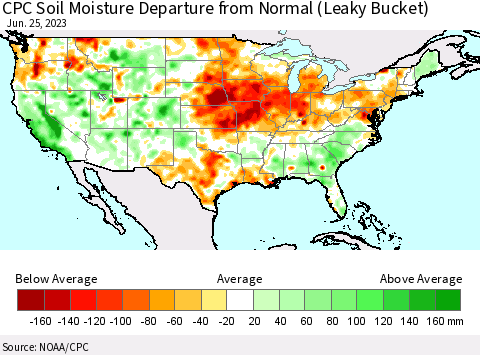 United States CPC Soil Moisture Departure from Normal (Leaky Bucket) Thematic Map For 6/21/2023 - 6/25/2023